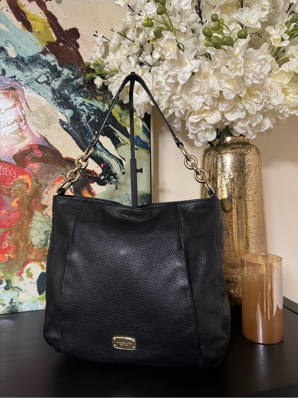 Michael Kors Black Pebbled Leather Hobo Shoulder Bag with Gold Hardware - Picture 1 of 9